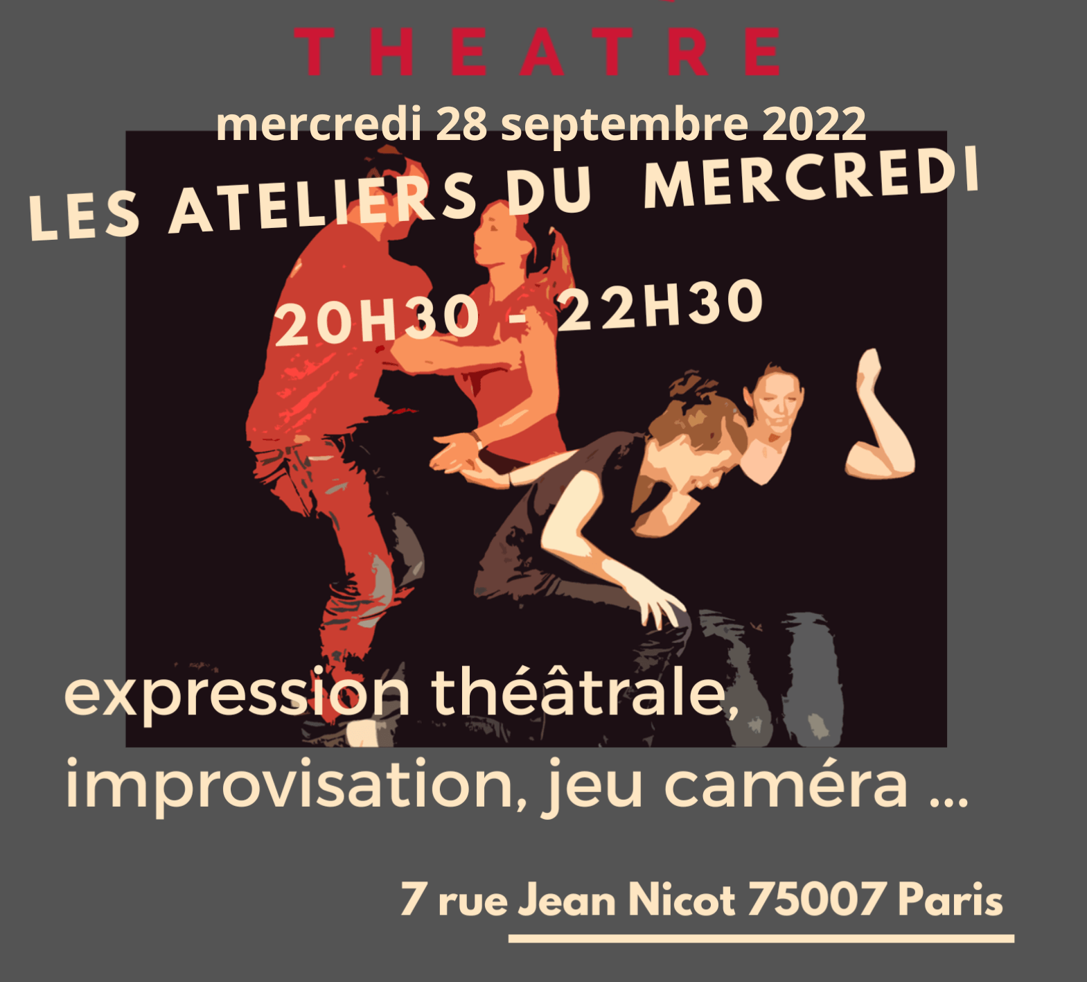 Affiche atelier du mercredi : expression théâtrale, improvisation, jeu caméra, etc.