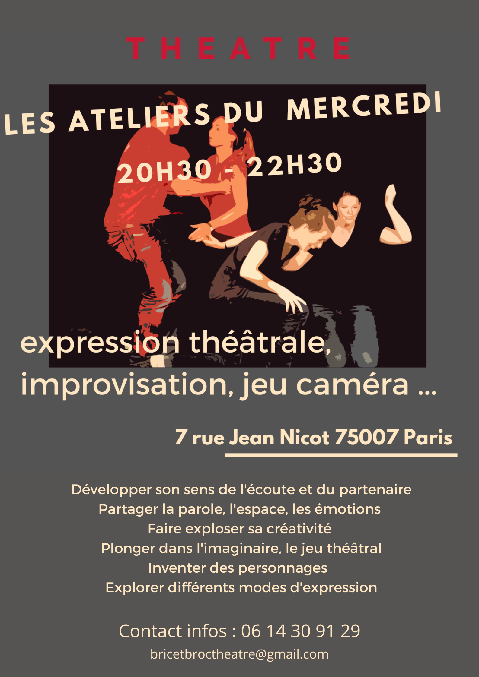Affiche atelier du mercredi : expression théâtrale, improvisation, jeu caméra, etc.