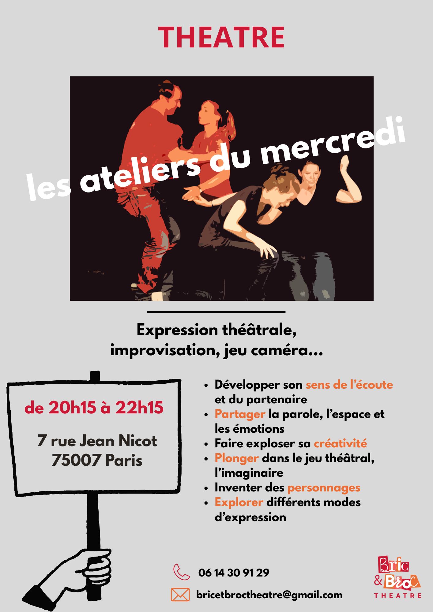 Affiche atelier du mercredi : expression théâtrale, improvisation, jeu caméra, etc.